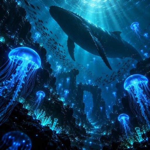 Illustration of the Abyss world in the Muzie music visualizer: glowing deep ocean life