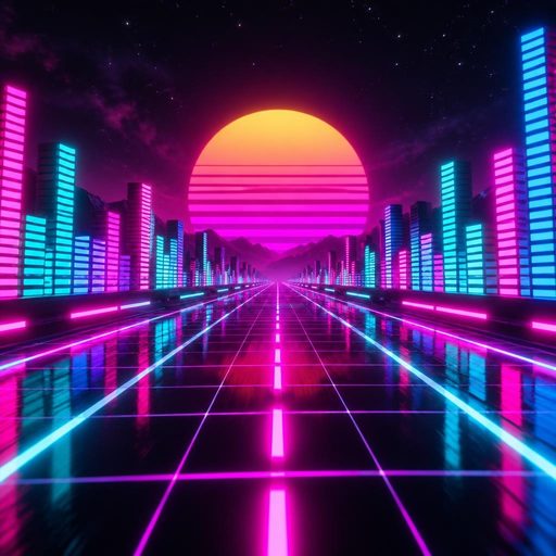 Illustration of the Neon City world in the Muzie music visualizer: a synthwave skyline at night