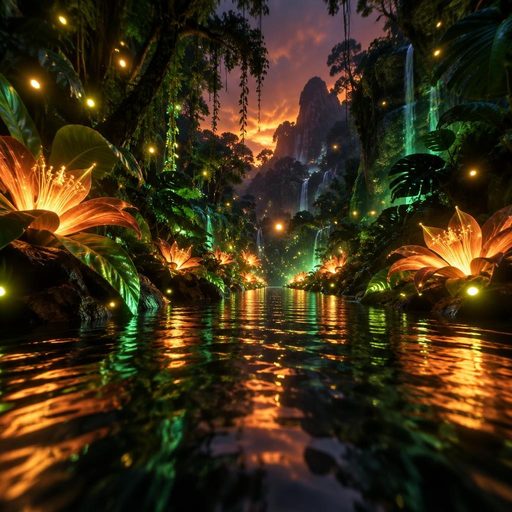 Illustration of the Jungle world in the Muzie music visualizer: a river through giant glowing trees