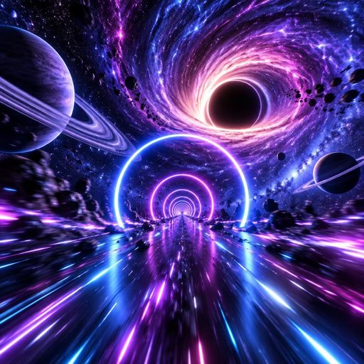 Illustration of the Space world in the Muzie music visualizer: neon gates, planets and a black hole